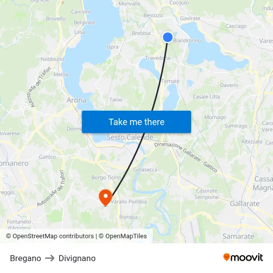 Bregano to Divignano map