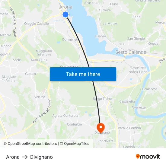 Arona to Divignano map