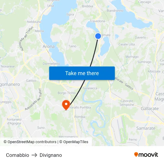 Comabbio to Divignano map
