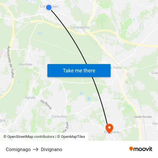 Comignago to Divignano map