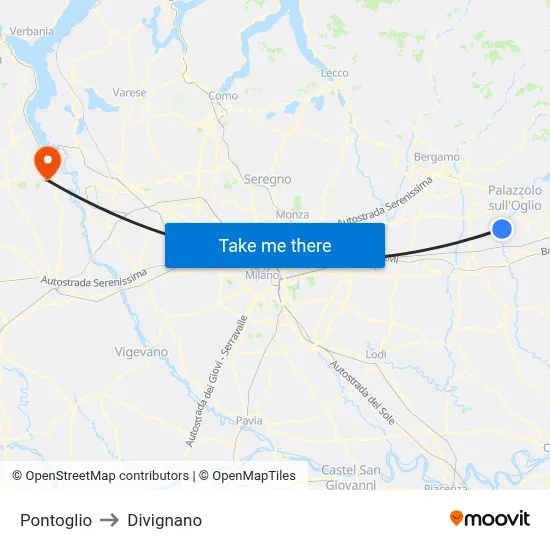 Pontoglio to Divignano map