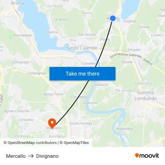 Mercallo to Divignano map