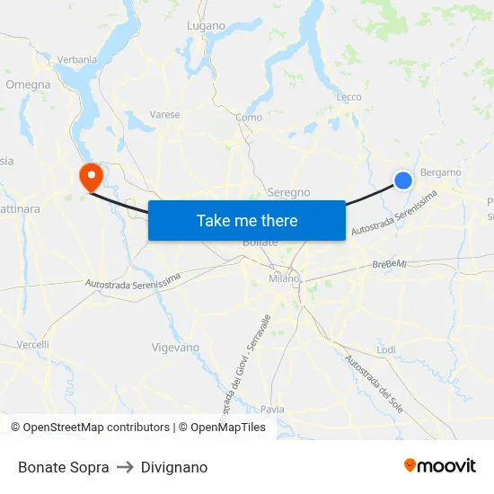 Bonate Sopra to Divignano map