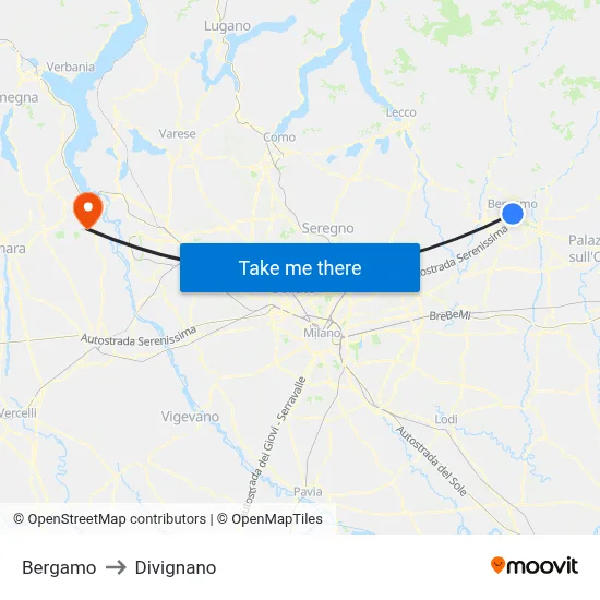 Bergamo to Divignano map
