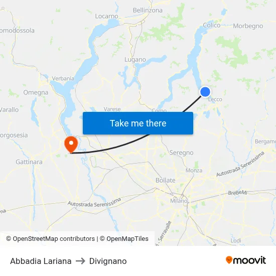 Abbadia Lariana to Divignano map