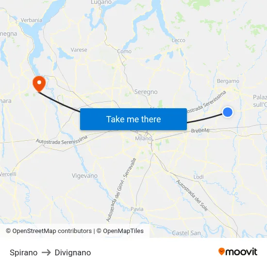Spirano to Divignano map