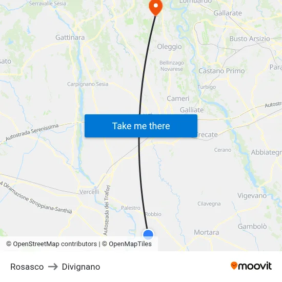 Rosasco to Divignano map