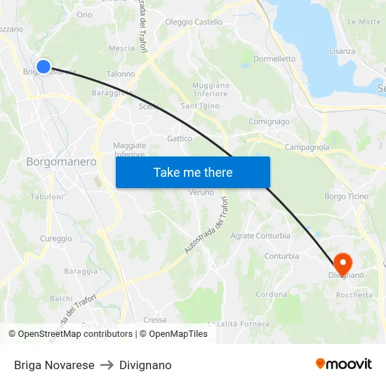 Briga Novarese to Divignano map