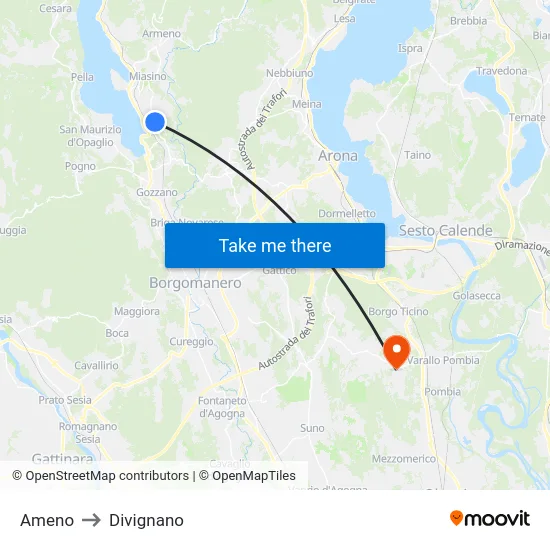 Ameno to Divignano map