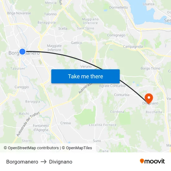 Borgomanero to Divignano map