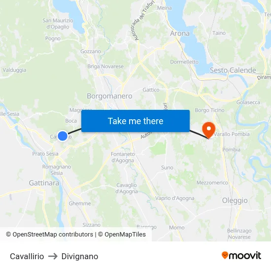 Cavallirio to Divignano map