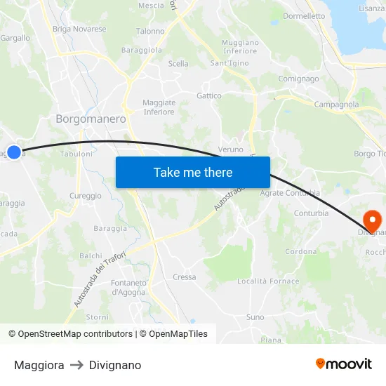 Maggiora to Divignano map