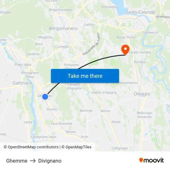 Ghemme to Divignano map