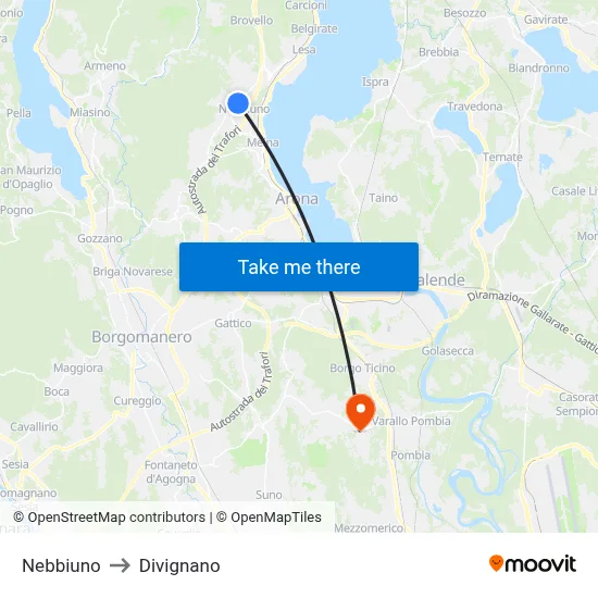 Nebbiuno to Divignano map