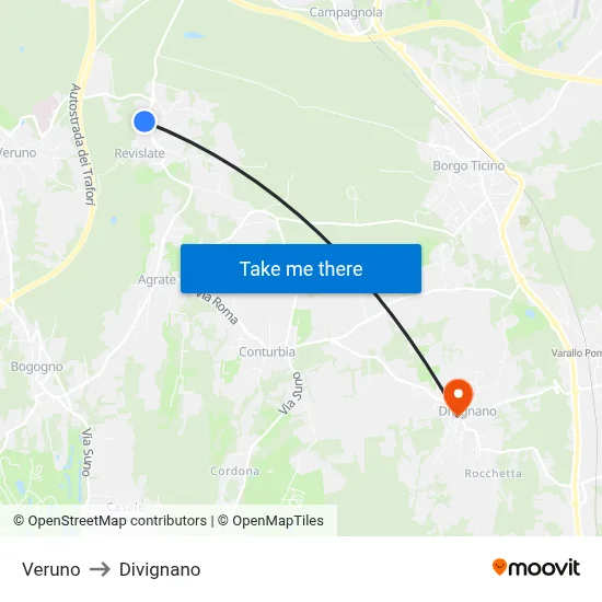 Veruno to Divignano map