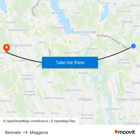 Besnate to Maggiora map