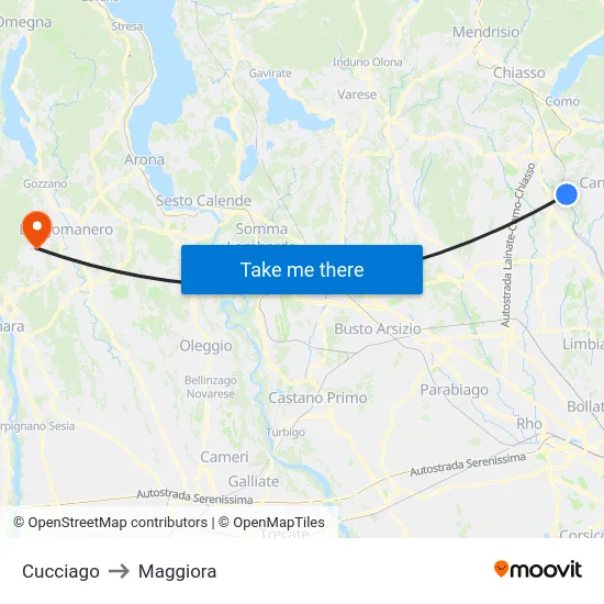 Cucciago to Maggiora map