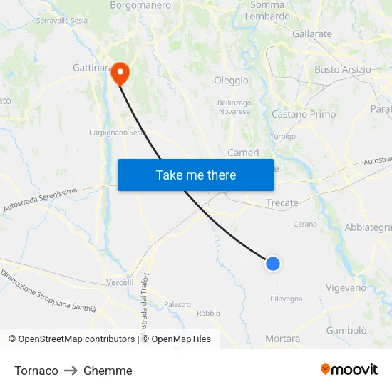Tornaco to Ghemme map