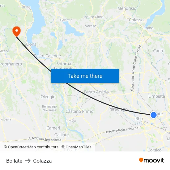 Bollate to Colazza map