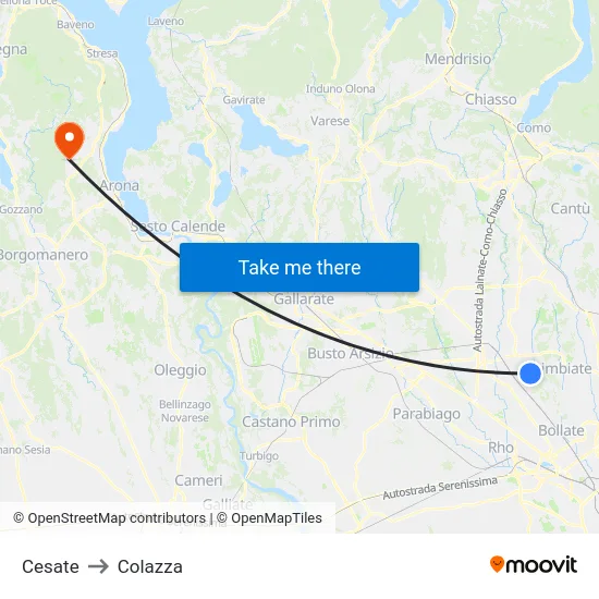 Cesate to Colazza map
