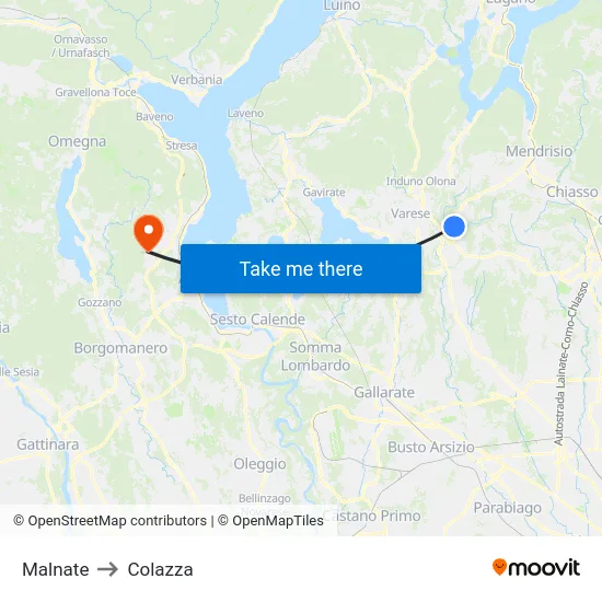 Malnate to Colazza map
