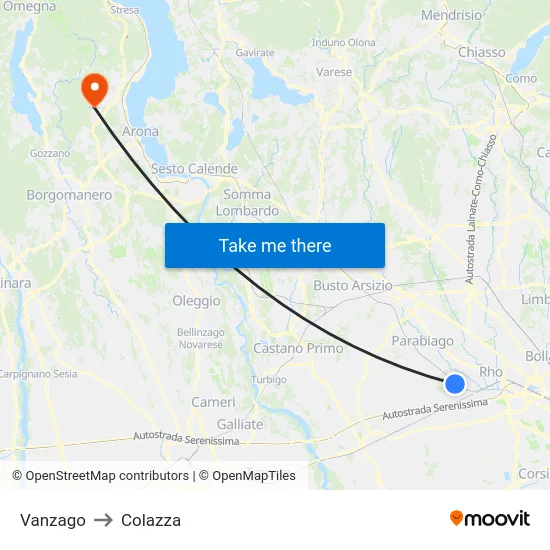 Vanzago to Colazza map