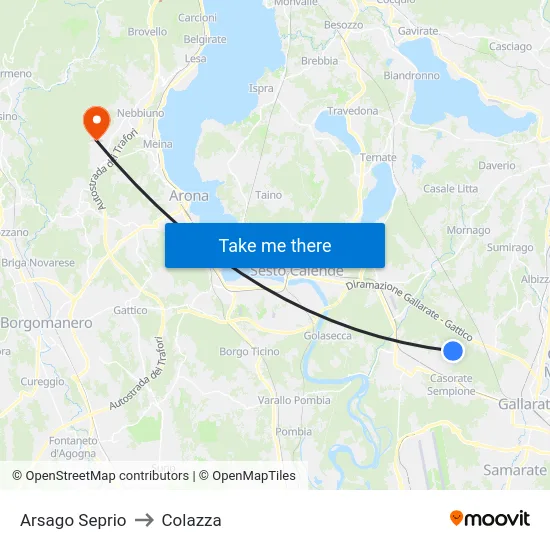 Arsago Seprio to Colazza map