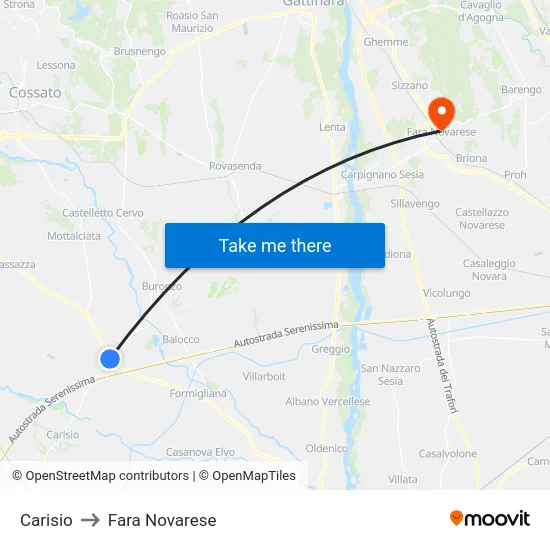 Carisio to Fara Novarese map