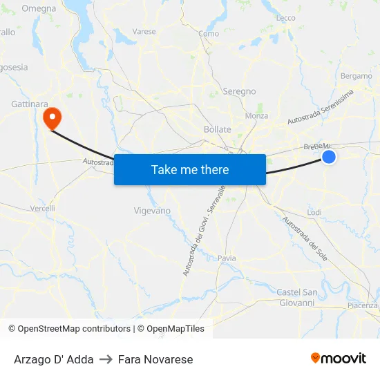 Arzago D' Adda to Fara Novarese map