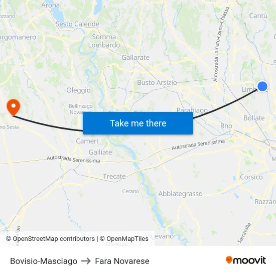 Bovisio-Masciago to Fara Novarese map