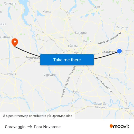 Caravaggio to Fara Novarese map