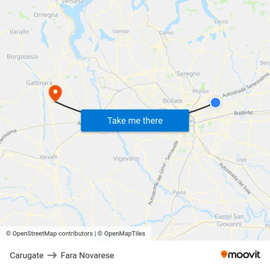 Carugate to Fara Novarese map