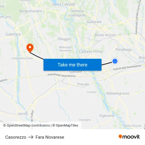 Casorezzo to Fara Novarese map