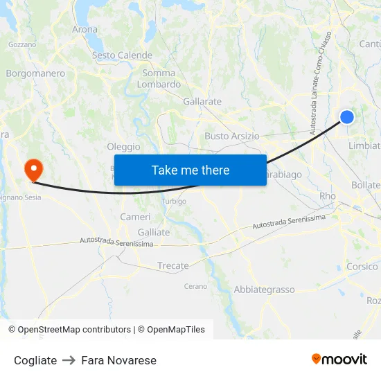Cogliate to Fara Novarese map
