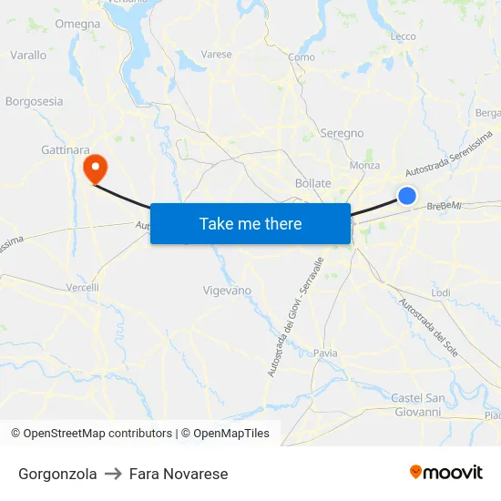 Gorgonzola to Fara Novarese map