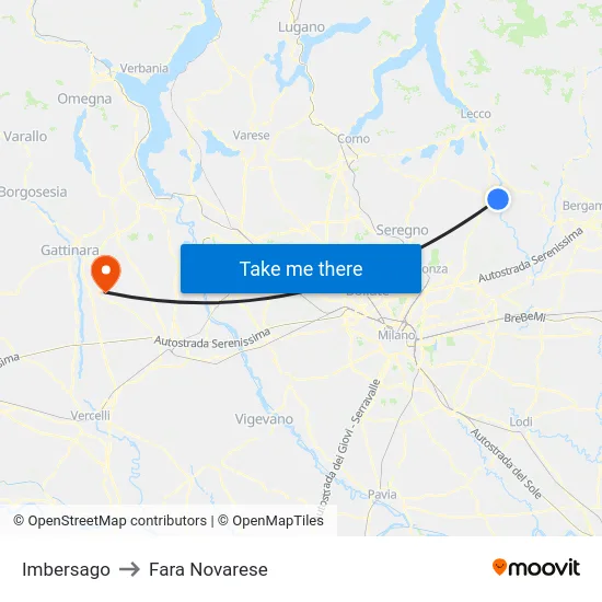 Imbersago to Fara Novarese map
