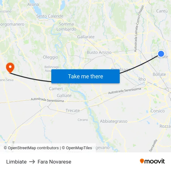 Limbiate to Fara Novarese map