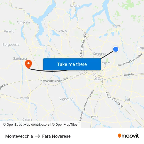 Montevecchia to Fara Novarese map