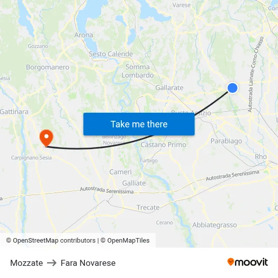 Mozzate to Fara Novarese map