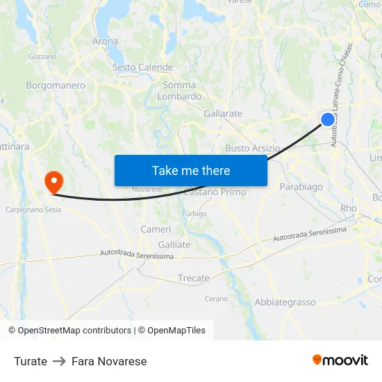 Turate to Fara Novarese map