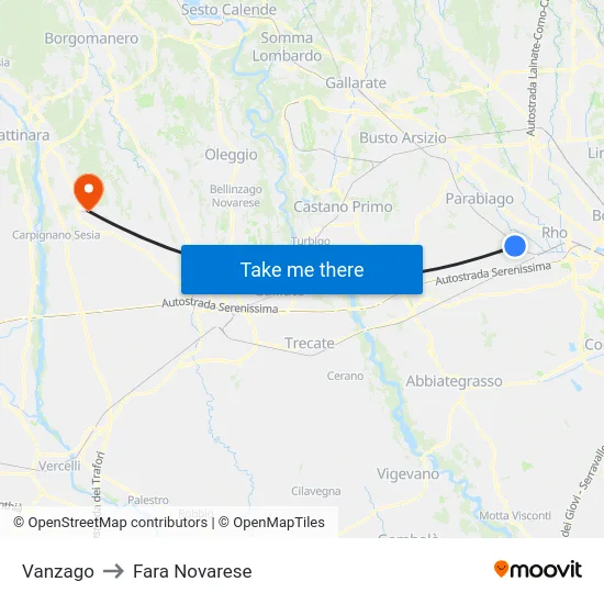 Vanzago to Fara Novarese map
