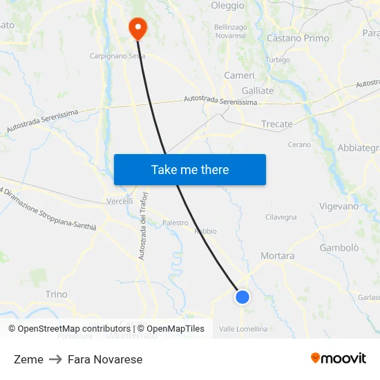 Zeme to Fara Novarese map