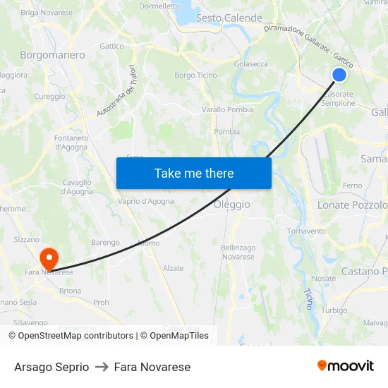 Arsago Seprio to Fara Novarese map