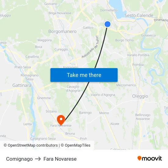 Comignago to Fara Novarese map