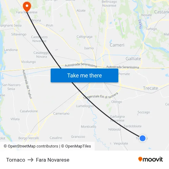 Tornaco to Fara Novarese map