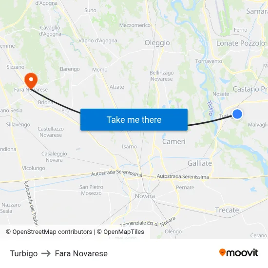 Turbigo to Fara Novarese map
