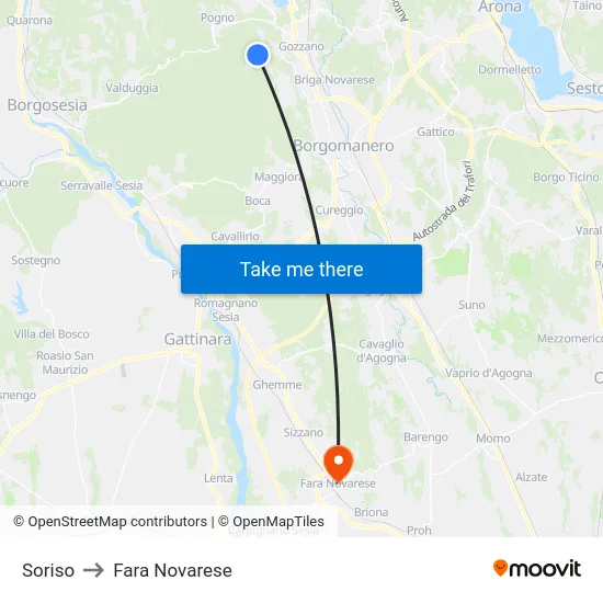Soriso to Fara Novarese map