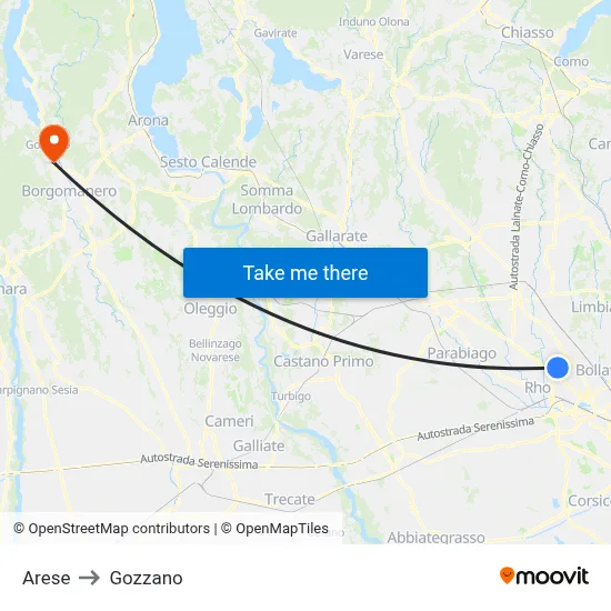 Arese to Gozzano map