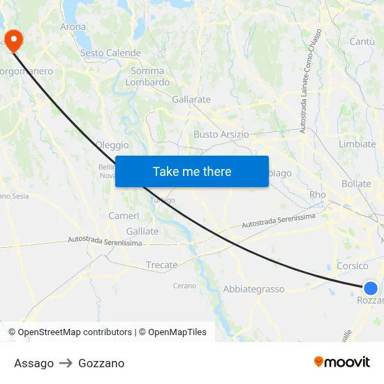 Assago to Gozzano map