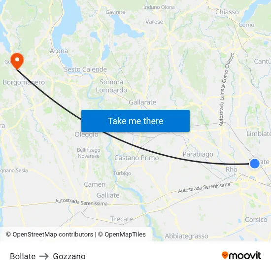 Bollate to Gozzano map